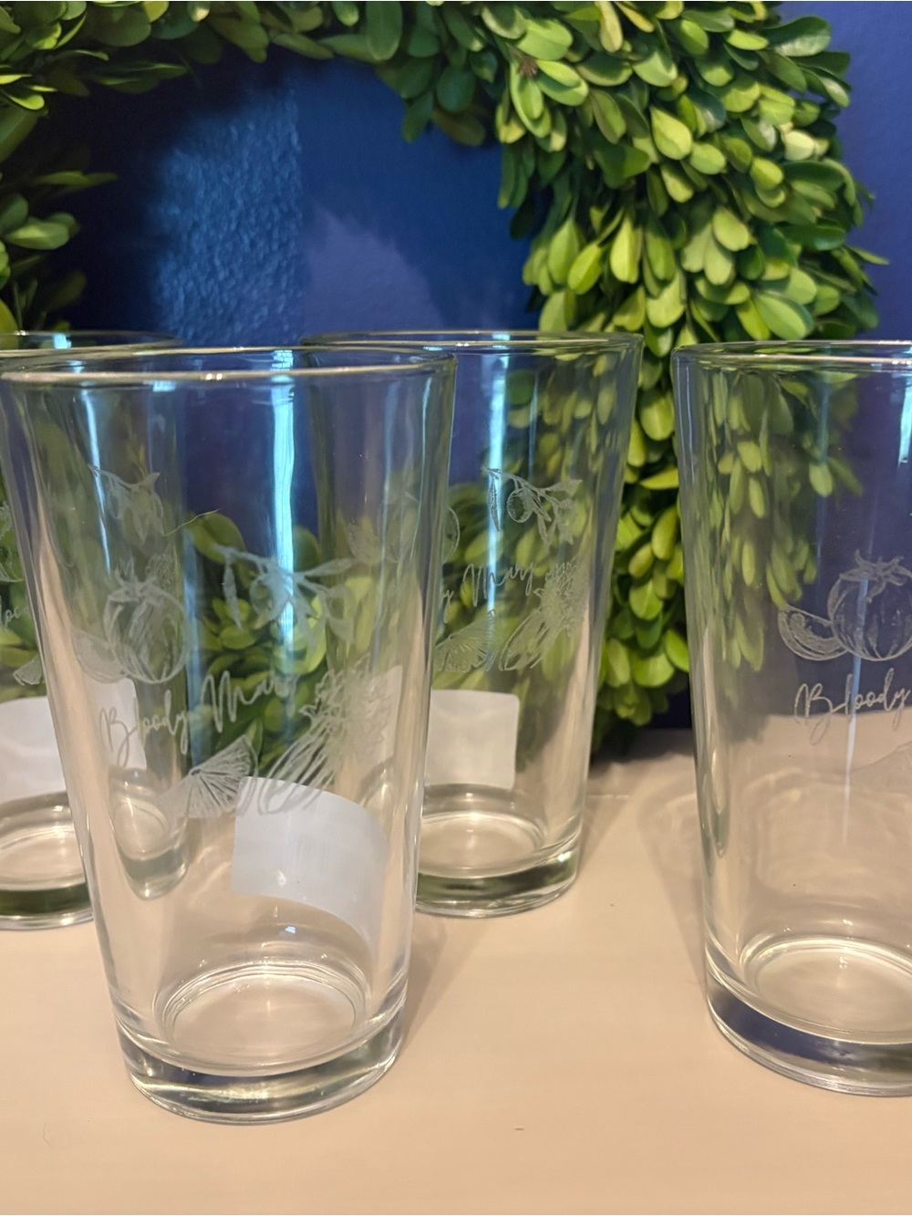 Clear Glass Tumbler Set with Subtle Etched Bloody Mary Design - Clear